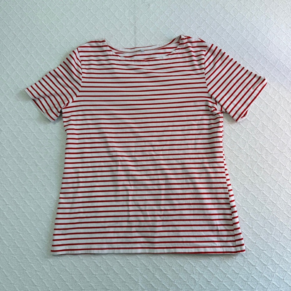 Womens Red White Striped Short Sleeve Boat Neck Top Size Large Cotton Blend